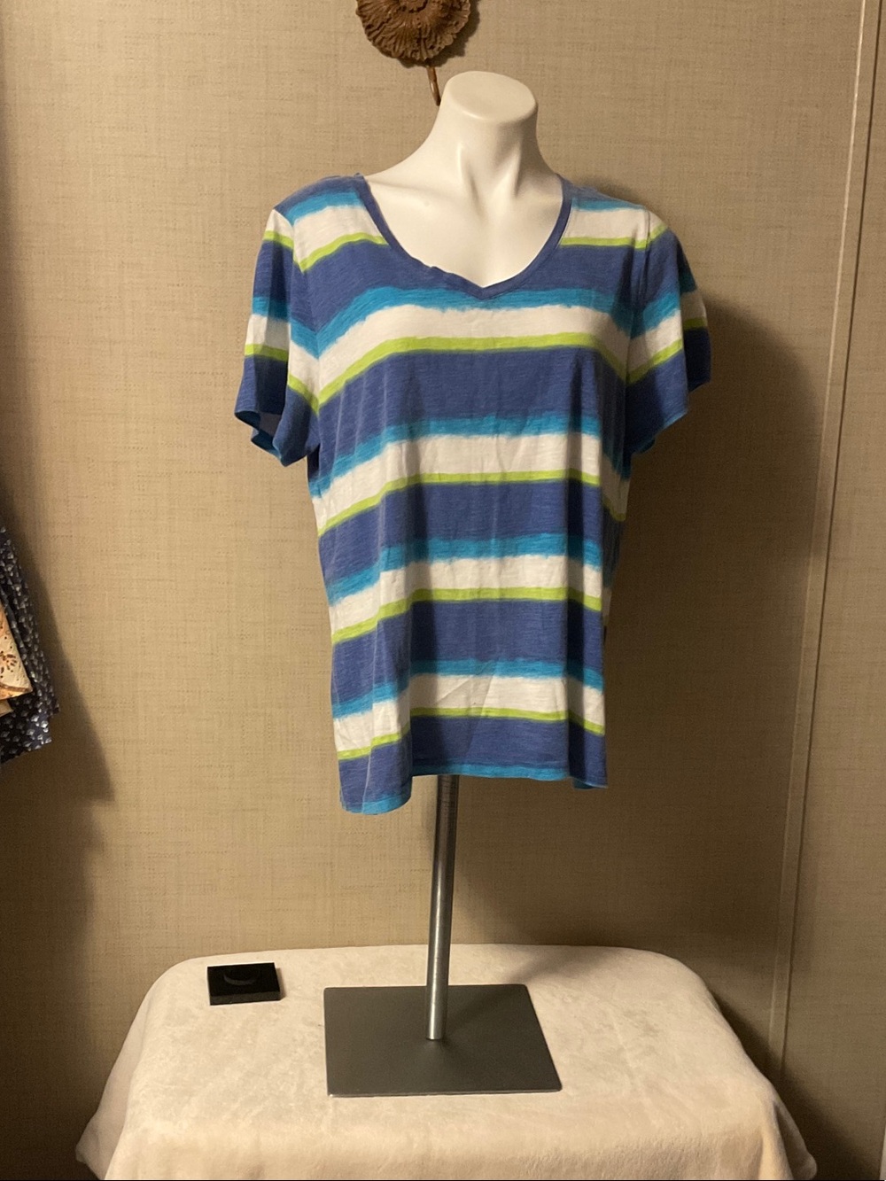 Women’s Short Sleeve V-Neck Striped Tee in Blue, White & Green